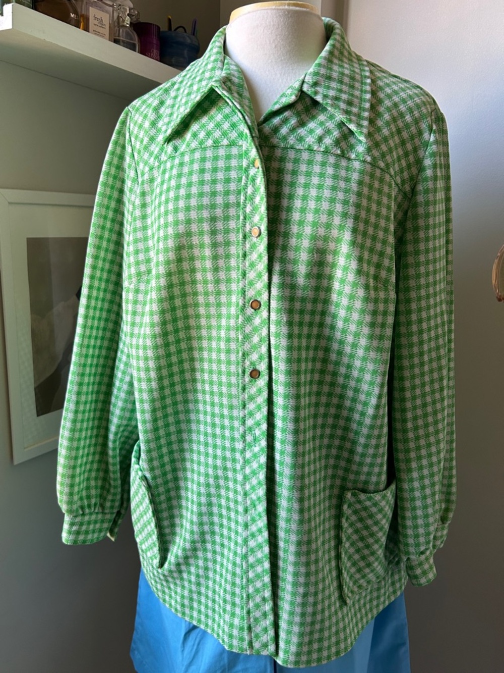 Vintage green and white gingham button-up shirt with pockets